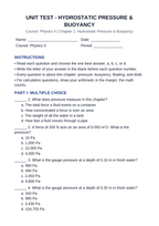 Hydrostatic Pressure & Buoyancy Unit Test sample page