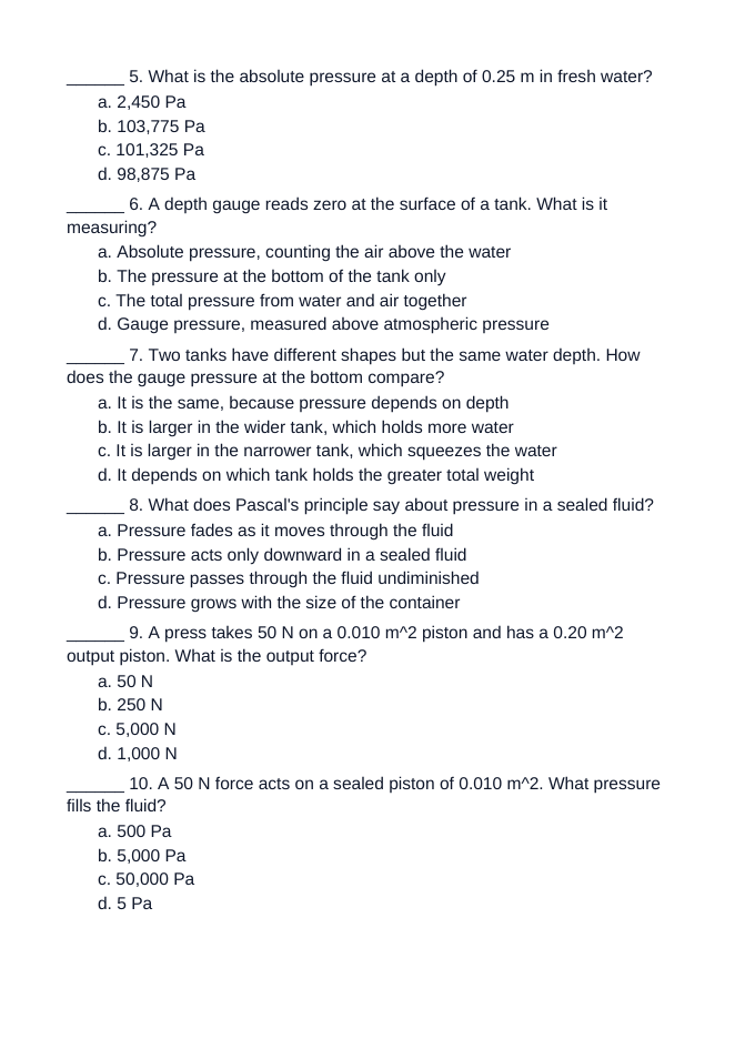 Hydrostatic Pressure & Buoyancy Unit Test sample page