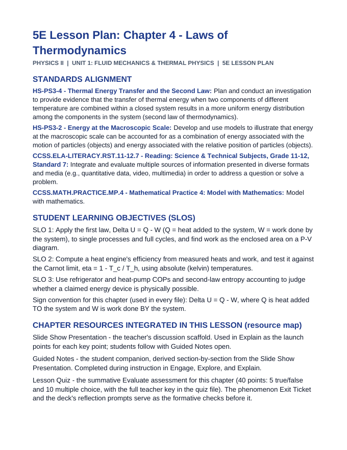 Laws of Thermodynamics 5E Lesson Plan sample page