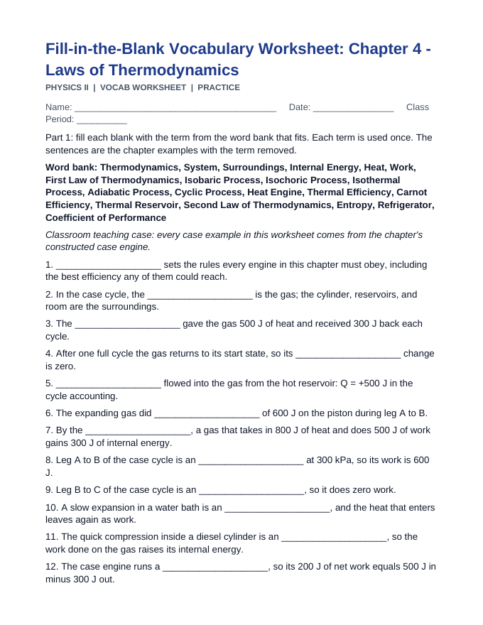 Laws of Thermodynamics Fill-in-the-Blank Vocabulary Worksheet sample page