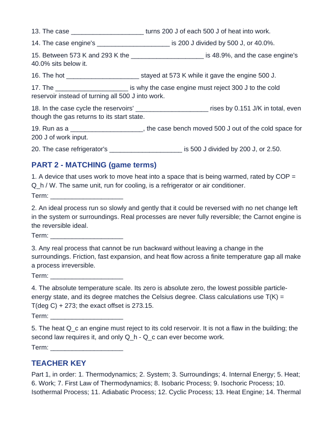 Laws of Thermodynamics Fill-in-the-Blank Vocabulary Worksheet sample page