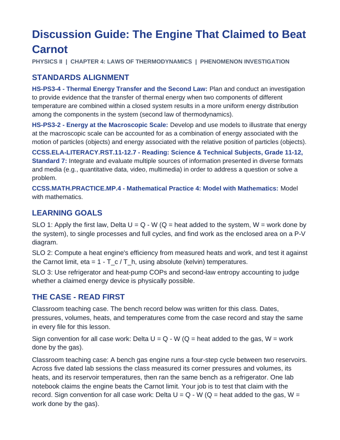Laws of Thermodynamics Phenomena-Based Lesson: The Engine That Claimed to Beat Carnot Teacher Discussion Guide sample page