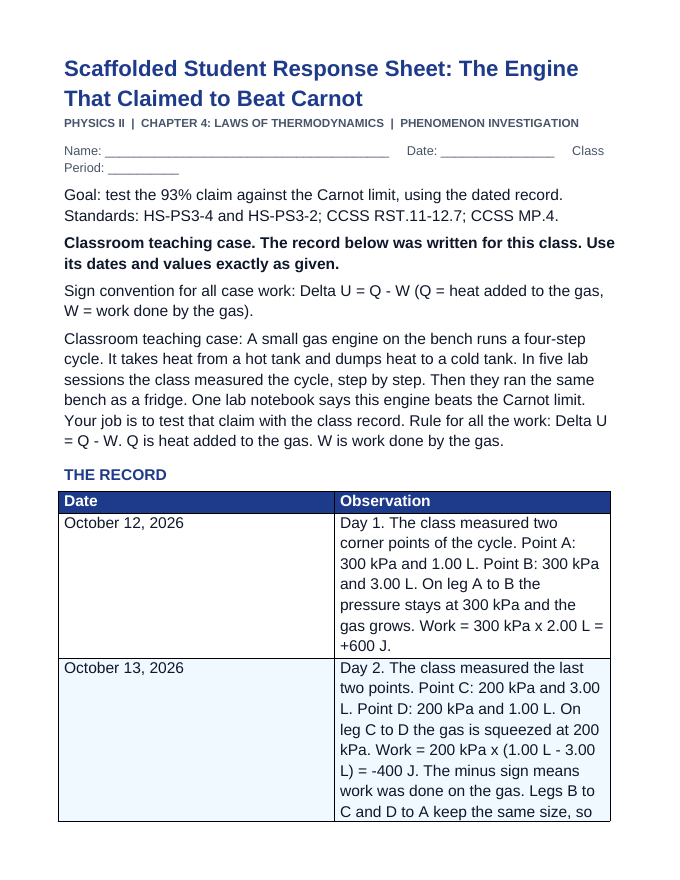 Laws of Thermodynamics Scaffolded Phenomena-Based Lesson: The Engine That Claimed to Beat Carnot Student Response Sheet sample page