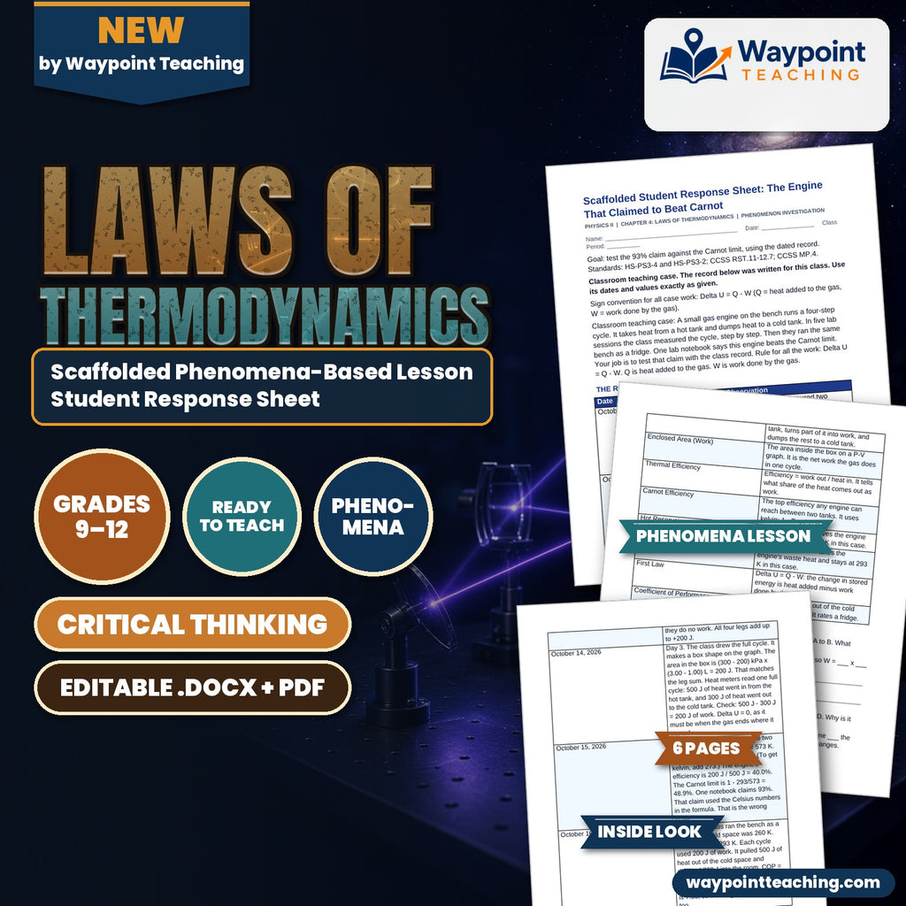 Laws of Thermodynamics Scaffolded Phenomena-Based Lesson: The Engine That Claimed to Beat Carnot Student Response Sheet cover