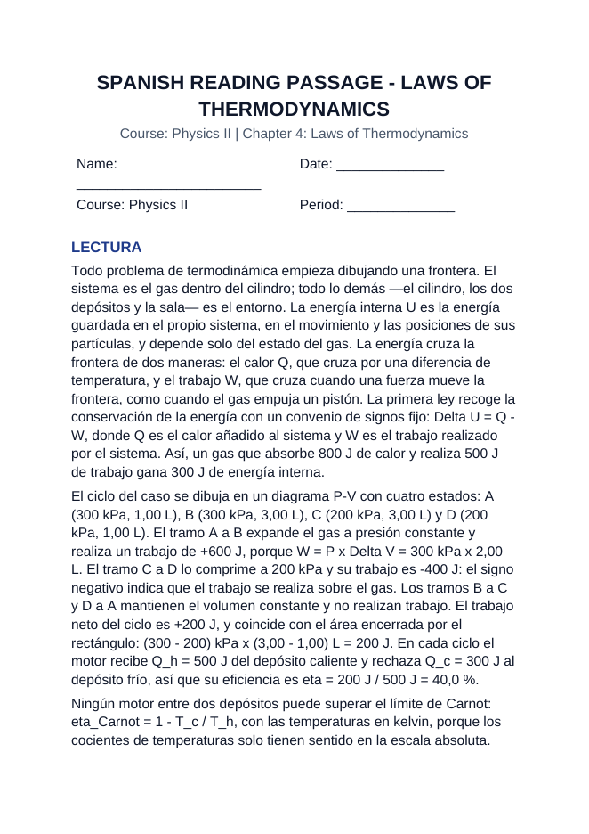 Laws of Thermodynamics Spanish Reading Passage & Comprehension Questions sample page