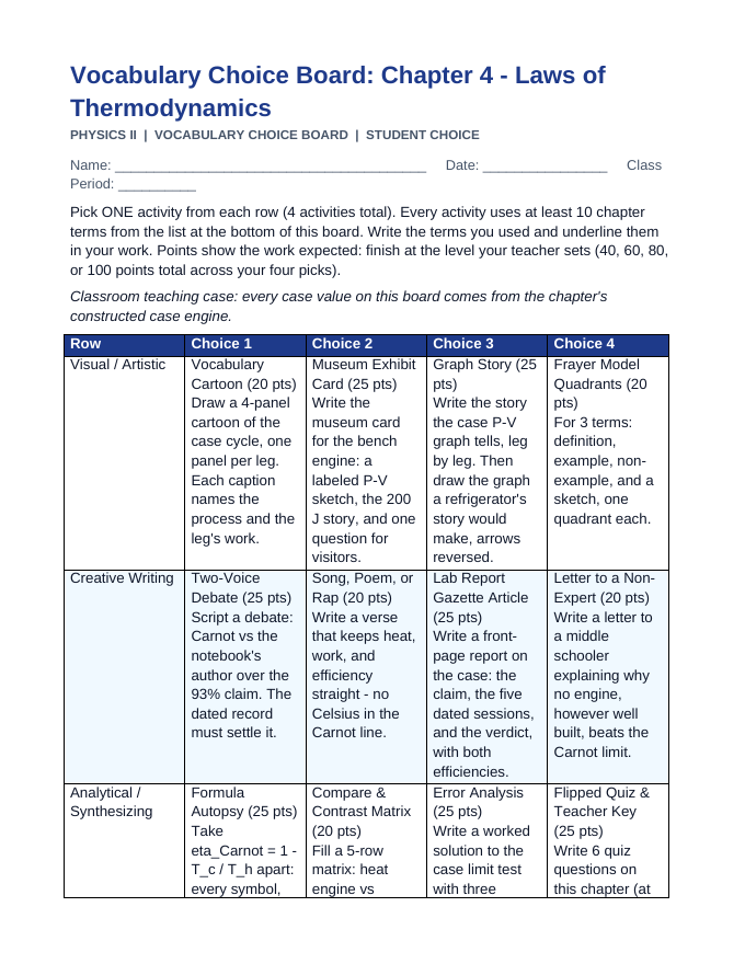 Laws of Thermodynamics Vocabulary Choice Board sample page