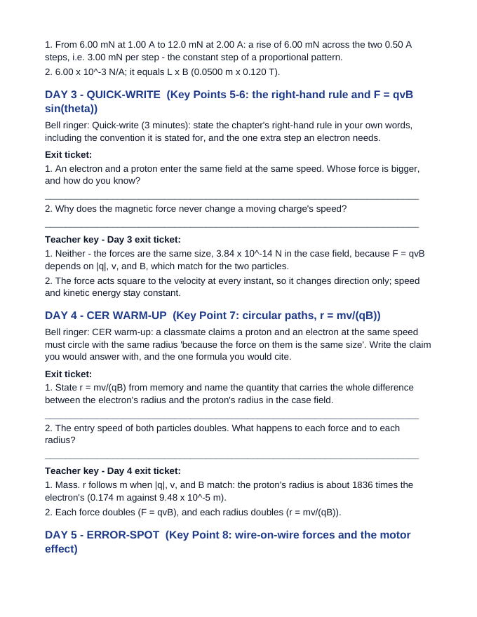 Magnetic Fields & Forces Bell Ringers & Exit Tickets sample page