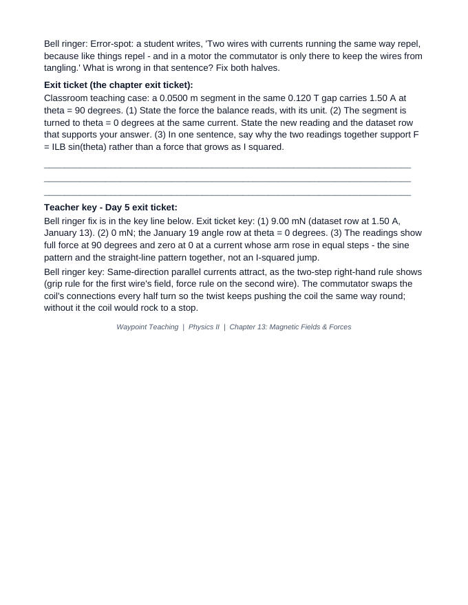 Magnetic Fields & Forces Bell Ringers & Exit Tickets sample page