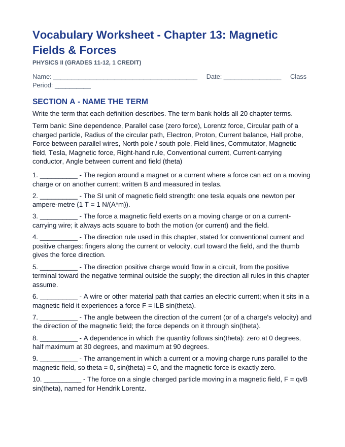 Magnetic Fields & Forces Fill-in-the-Blank Vocabulary Worksheet sample page