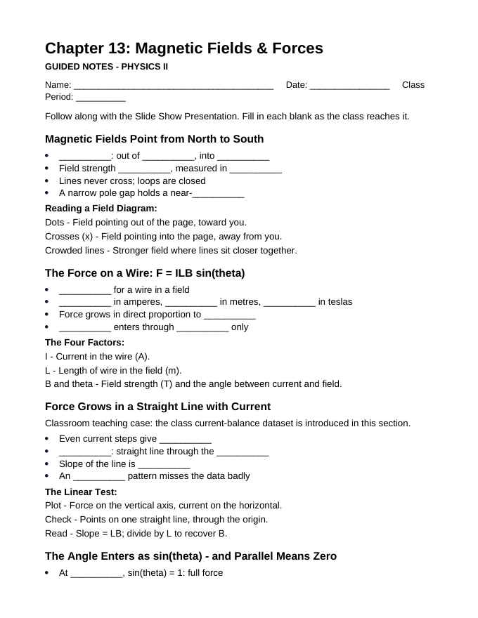 Magnetic Fields & Forces Guided Notes sample page