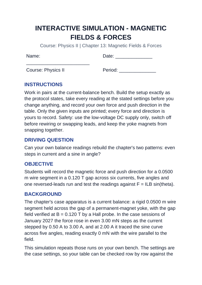 Magnetic Fields & Forces Interactive Simulation sample page