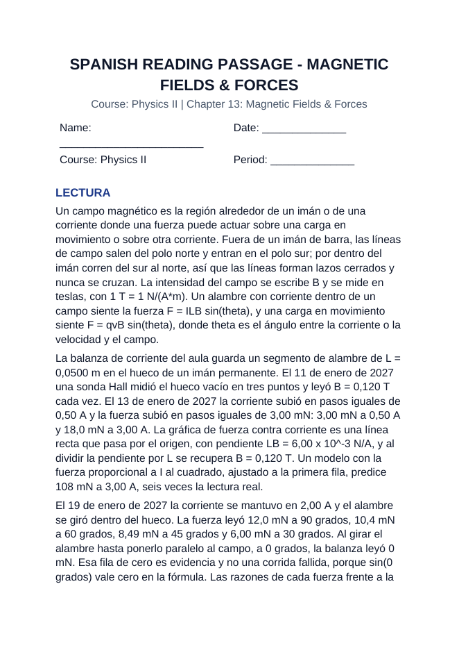 Magnetic Fields & Forces Spanish Reading Passage & Comprehension Questions sample page