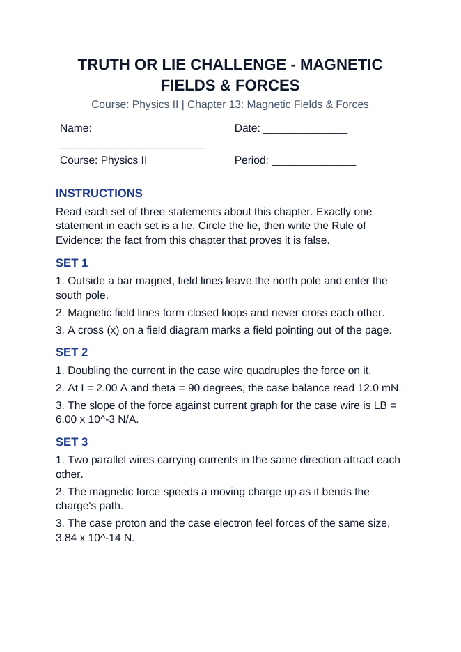 Magnetic Fields & Forces Truth or Lie Challenge sample page