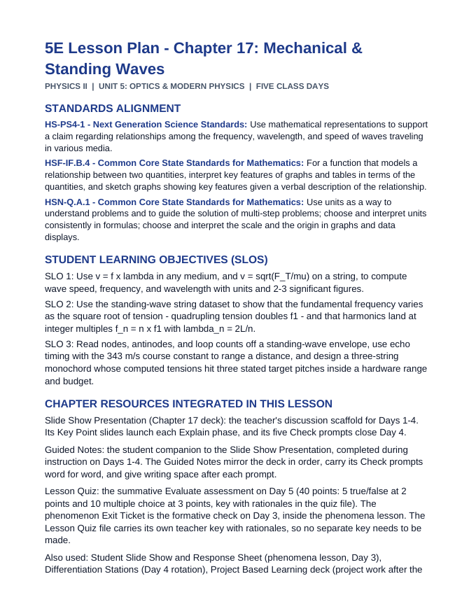 Mechanical & Standing Waves 5E Lesson Plan sample page