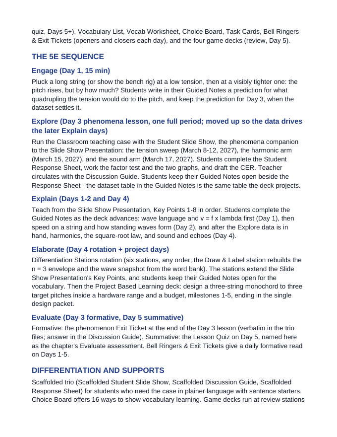 Mechanical & Standing Waves 5E Lesson Plan sample page