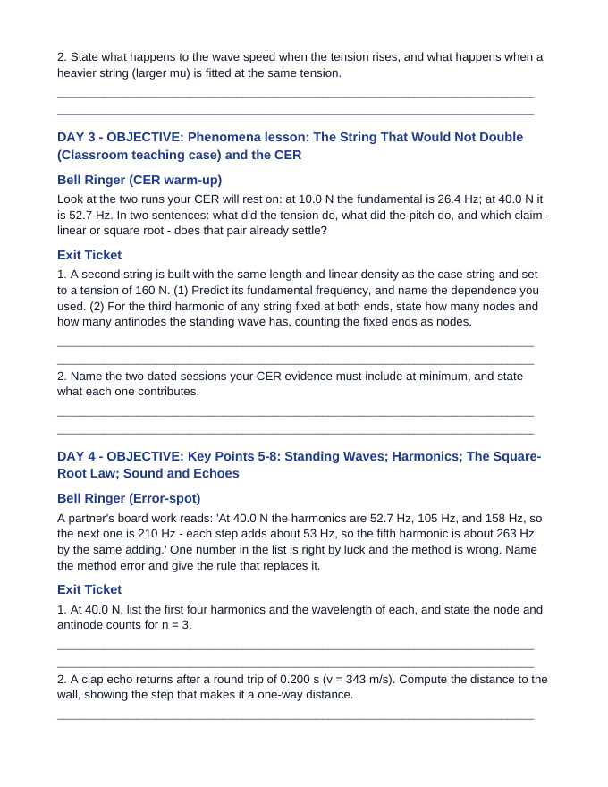 Mechanical & Standing Waves Bell Ringers & Exit Tickets sample page