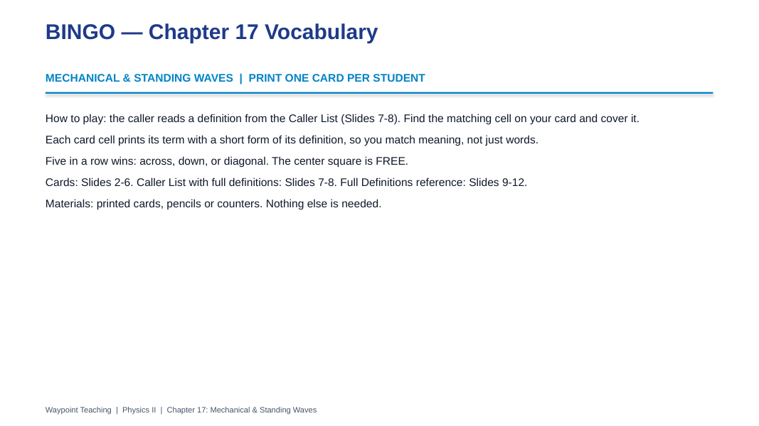 Mechanical & Standing Waves BINGO Review Game sample page