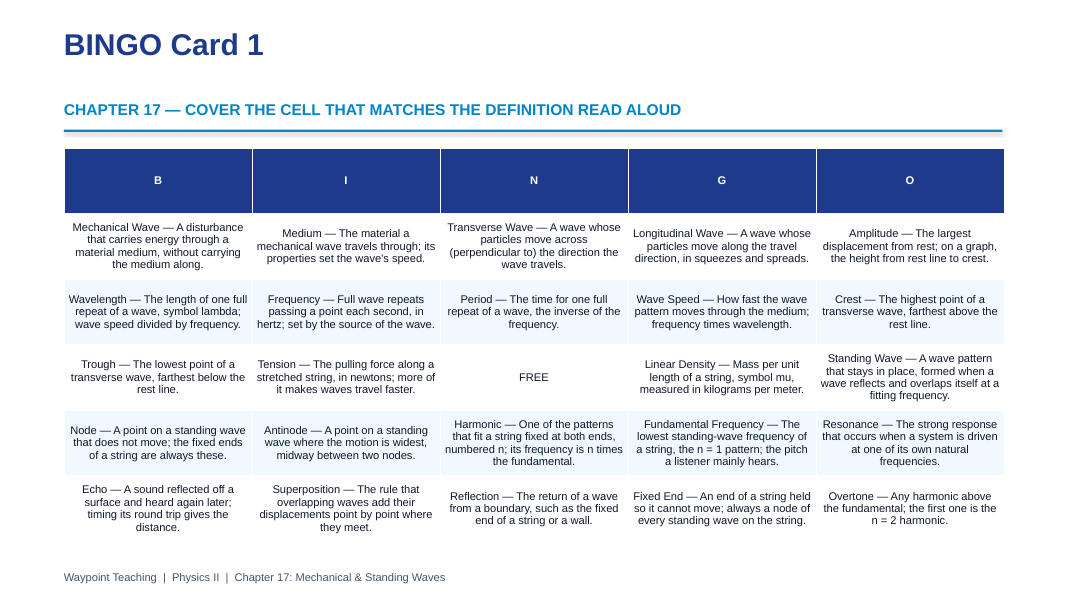 Mechanical & Standing Waves BINGO Review Game sample page