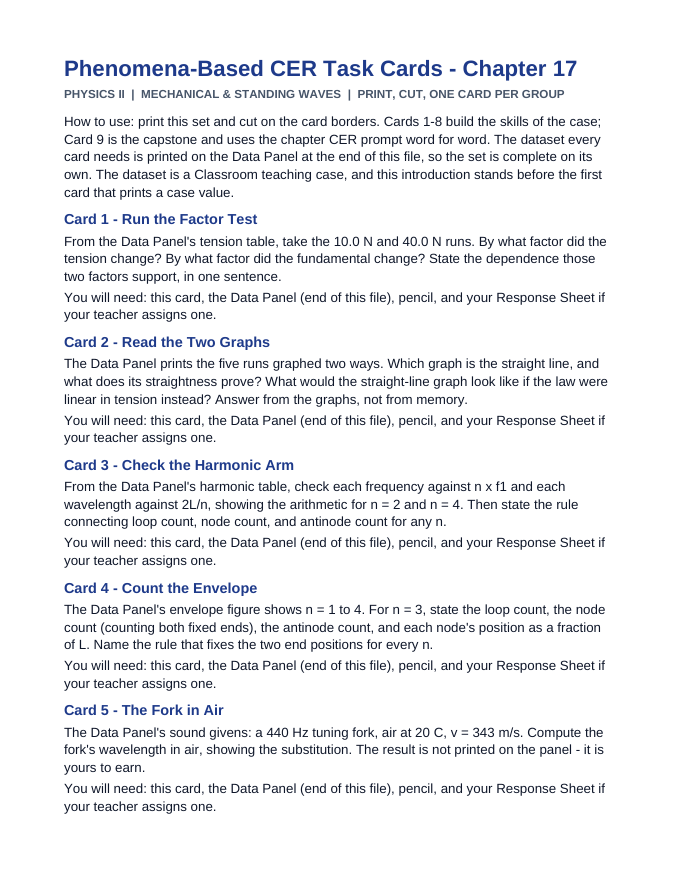 Mechanical & Standing Waves CER Task Cards sample page