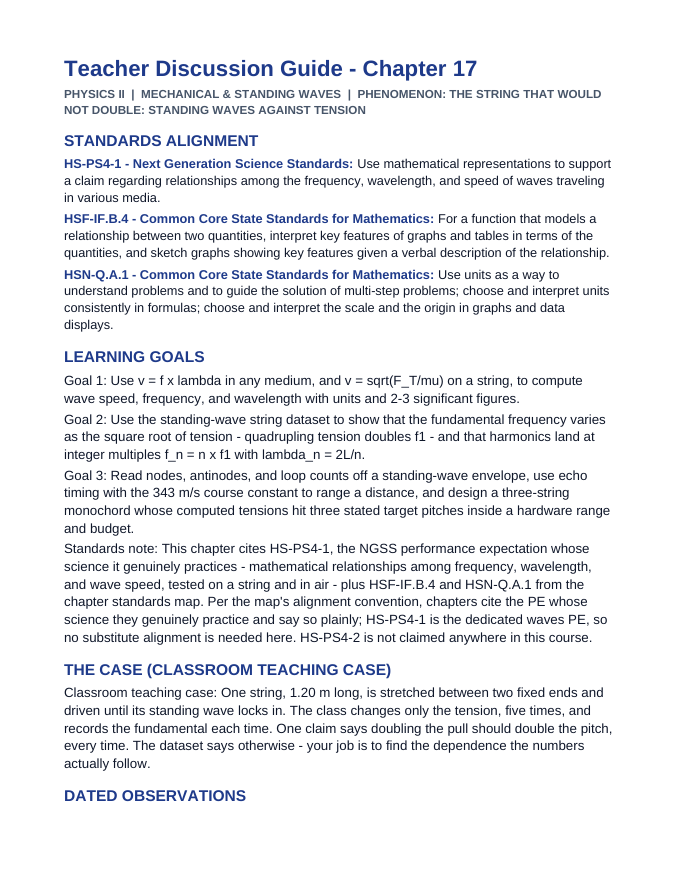 Mechanical & Standing Waves Phenomena-Based Lesson: The String That Would Not Double: Standing Waves Against Tension Teacher Discussion Guide sample page
