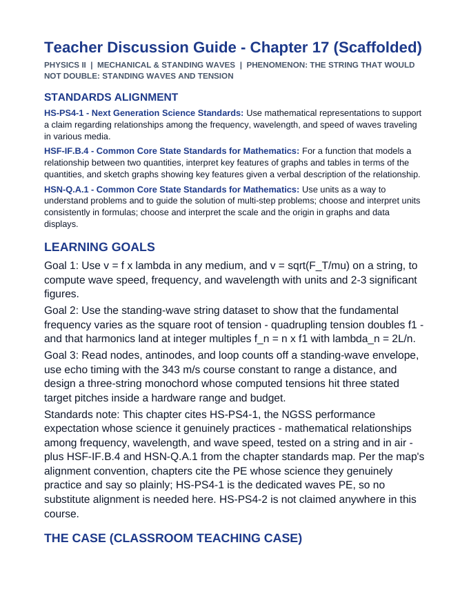 Mechanical & Standing Waves Scaffolded Phenomena-Based Lesson: The String That Would Not Double: Standing Waves and Tension Teacher Discussion Guide sample page