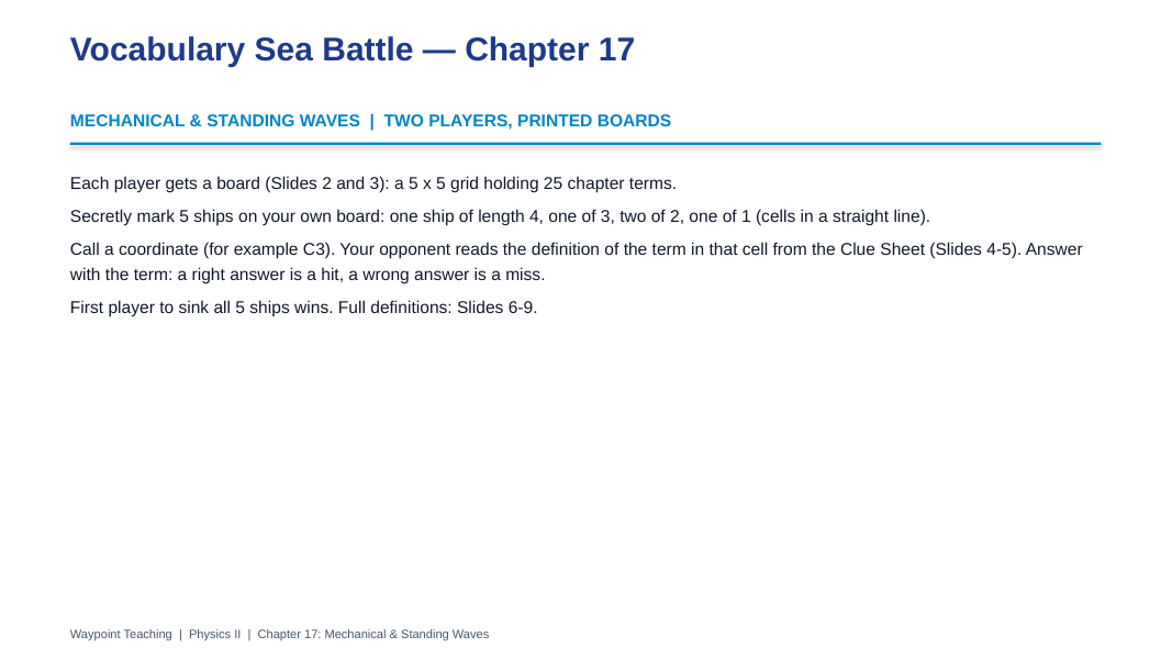 Mechanical & Standing Waves Sea Battle Review Game sample page