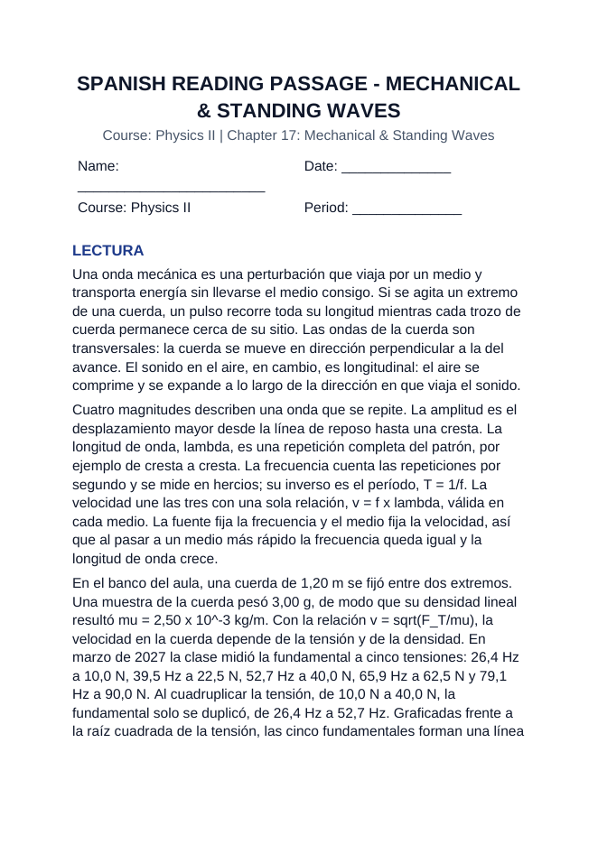 Mechanical & Standing Waves Spanish Reading Passage & Comprehension Questions sample page