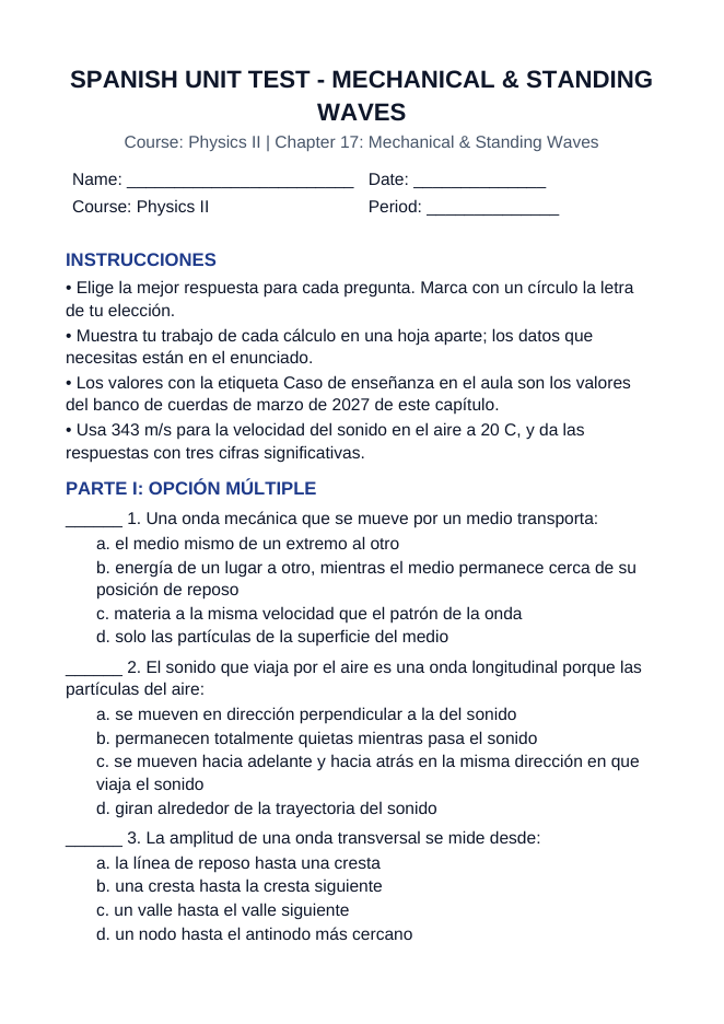 Mechanical & Standing Waves Spanish Unit Test sample page
