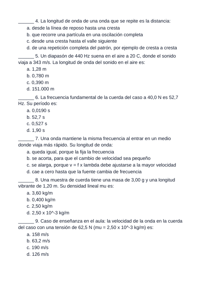 Mechanical & Standing Waves Spanish Unit Test sample page