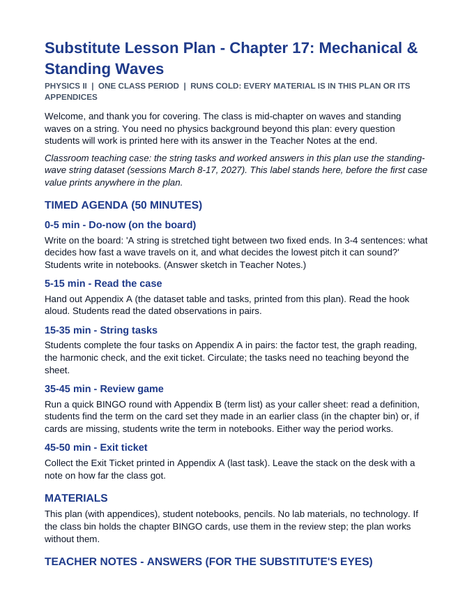 Mechanical & Standing Waves Substitute Lesson Plan sample page