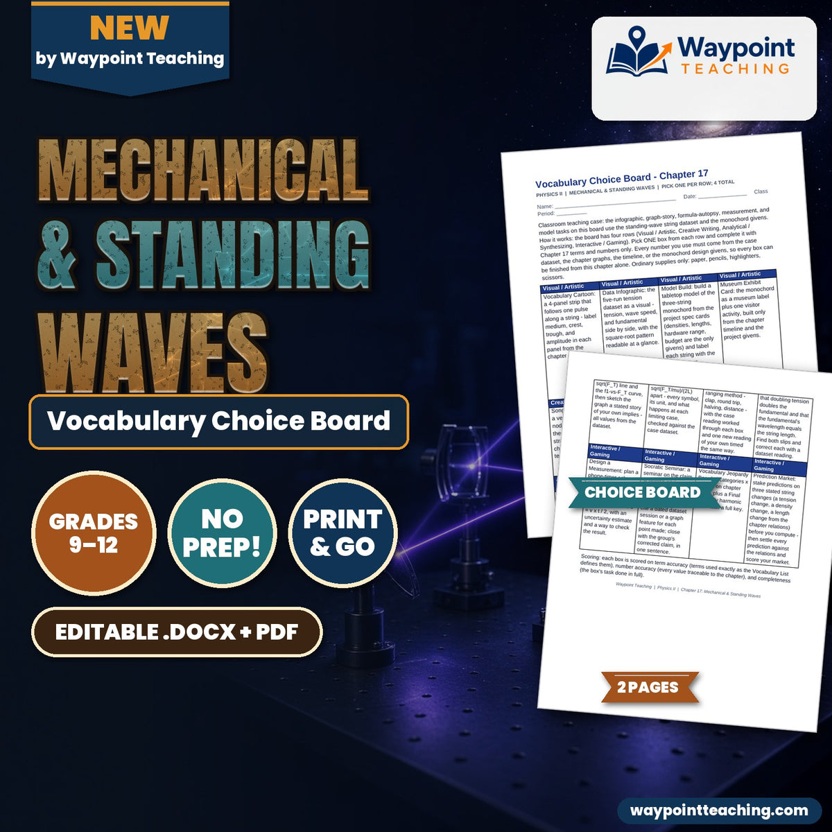 Mechanical & Standing Waves Vocabulary Choice Board cover