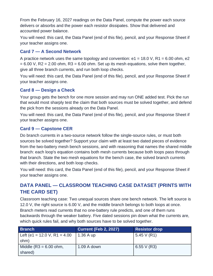 Multi-Loop Circuit Analysis CER Task Cards sample page