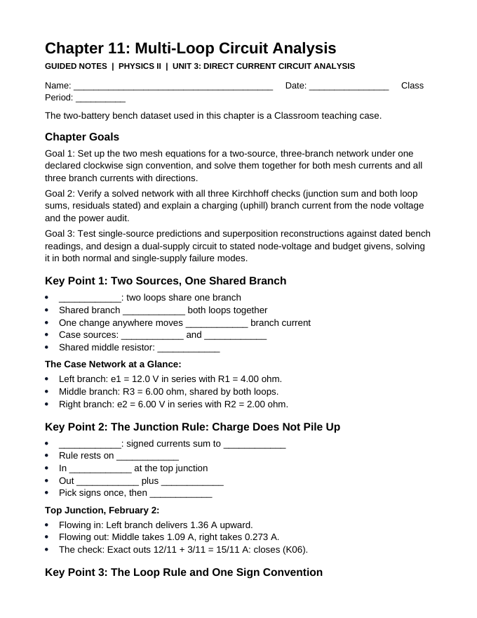Multi-Loop Circuit Analysis Guided Notes sample page