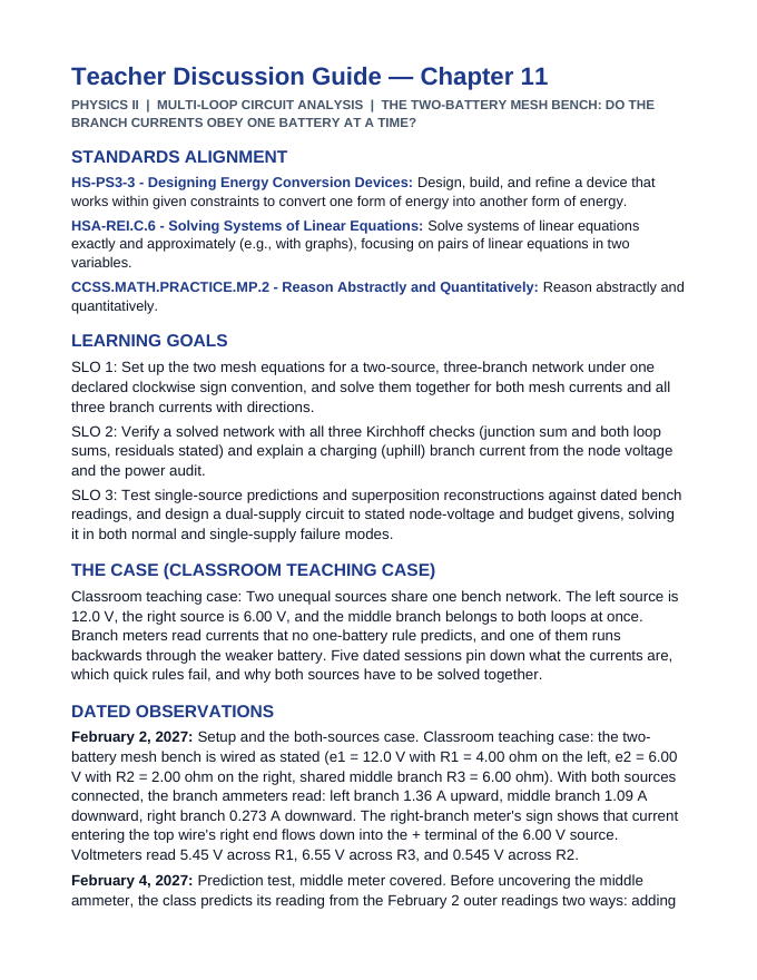 Multi-Loop Circuit Analysis Phenomena-Based Lesson: The Two-Battery Mesh Bench: Do the Branch Currents Obey One Battery at a Time? Teacher Discussion Guide sample page