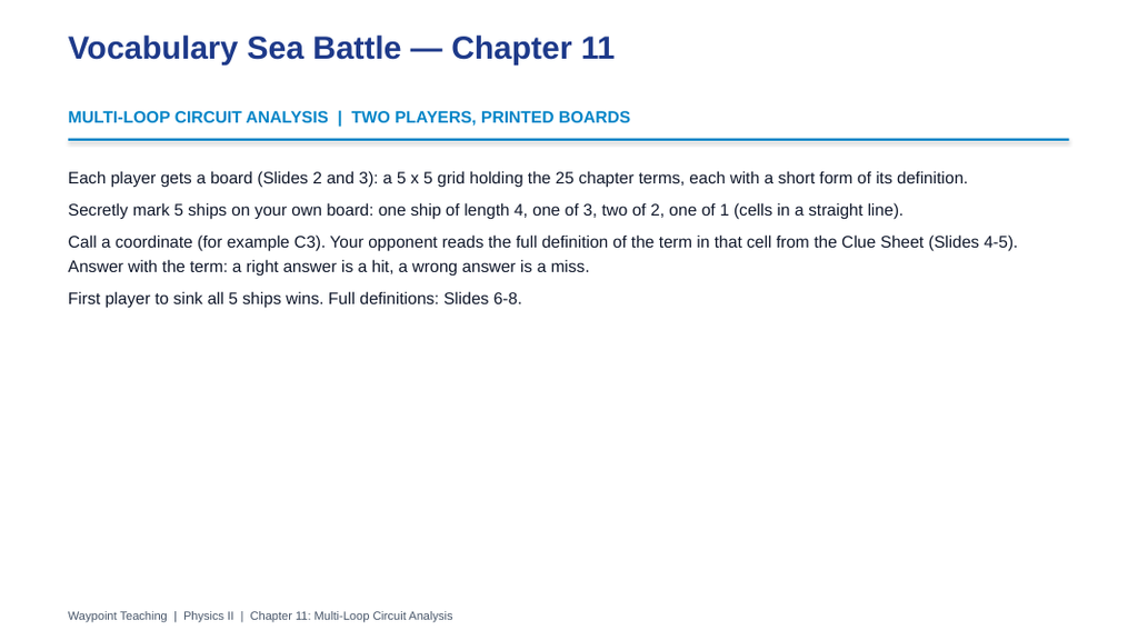 Multi-Loop Circuit Analysis Sea Battle Review Game sample page