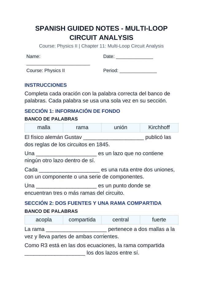 Multi-Loop Circuit Analysis Spanish Guided Notes sample page