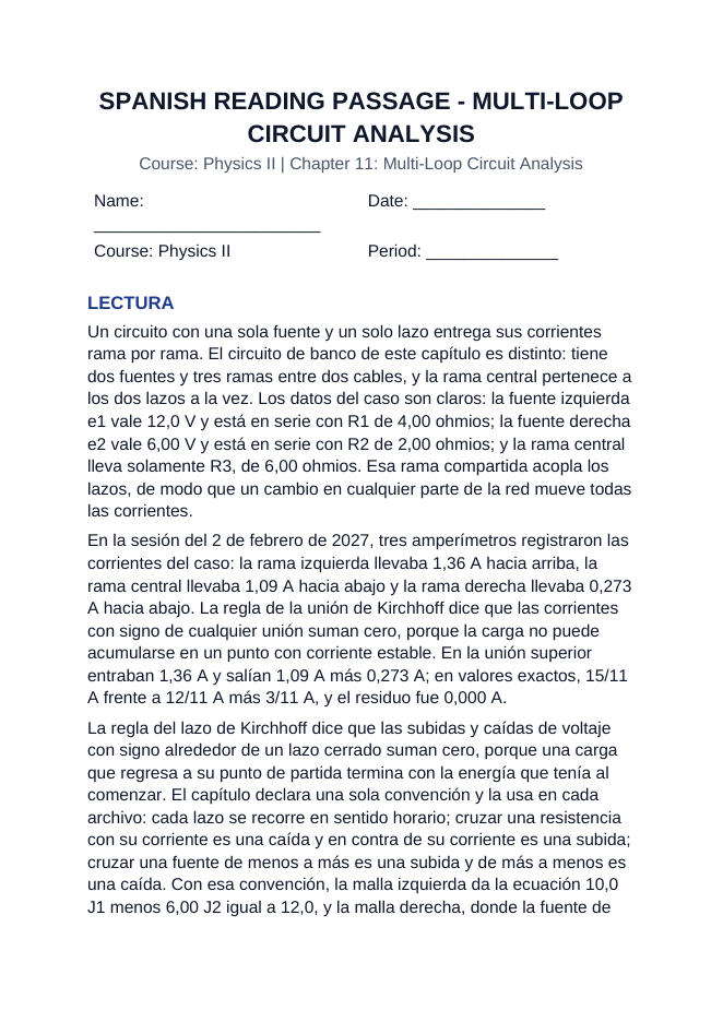 Multi-Loop Circuit Analysis Spanish Reading Passage & Comprehension Questions sample page