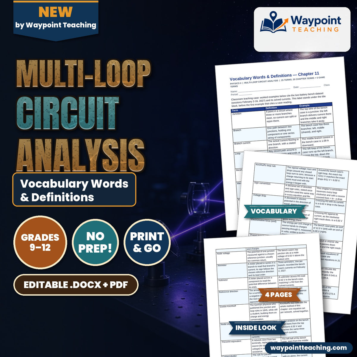 Multi-Loop Circuit Analysis Vocabulary Words & Definitions cover