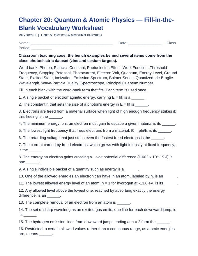 Quantum & Atomic Physics Fill-in-the-Blank Vocabulary Worksheet sample page