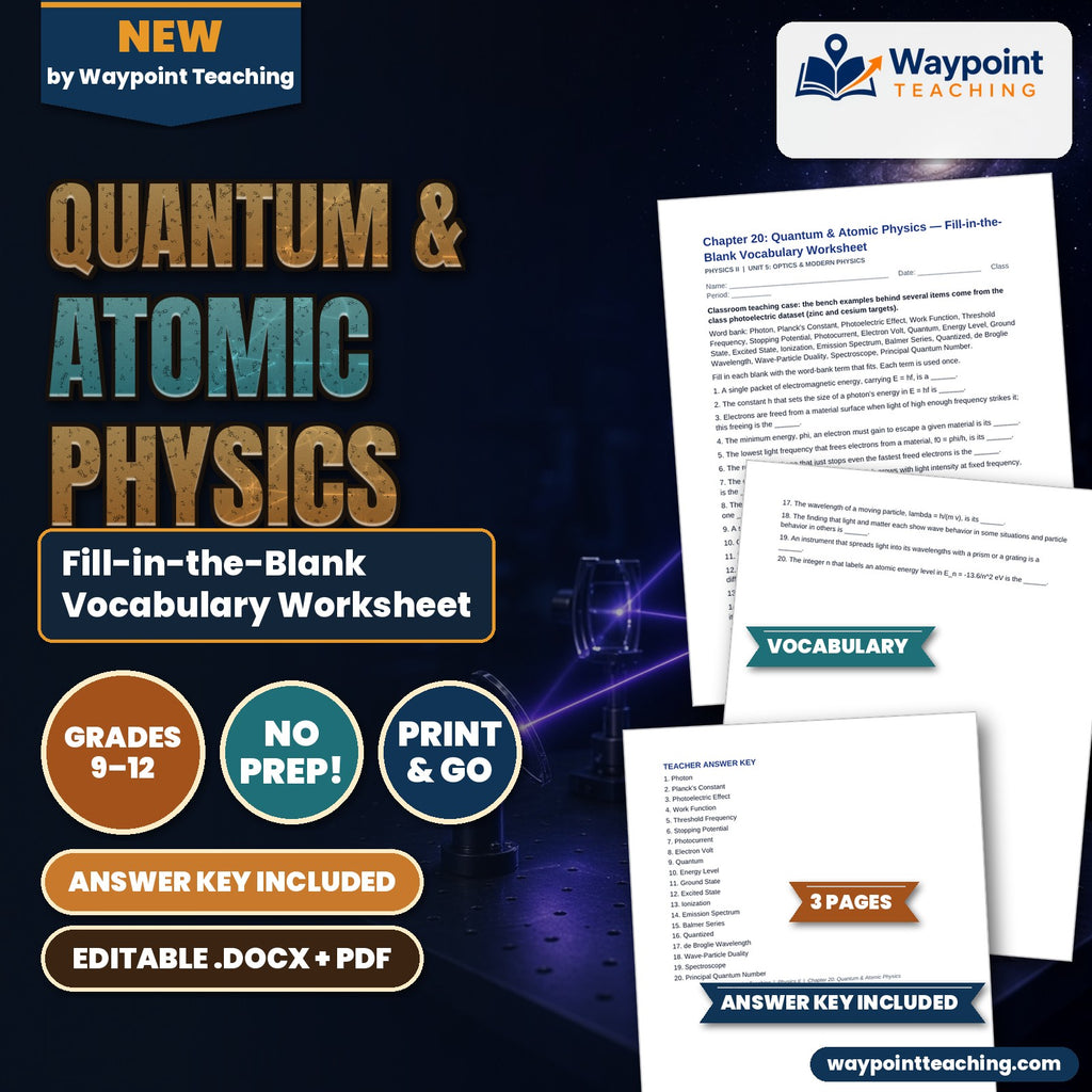 Quantum & Atomic Physics Fill-in-the-Blank Vocabulary Worksheet cover