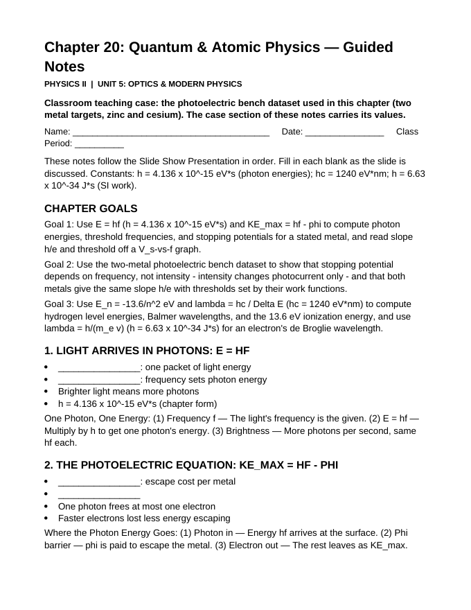 Quantum & Atomic Physics Guided Notes sample page