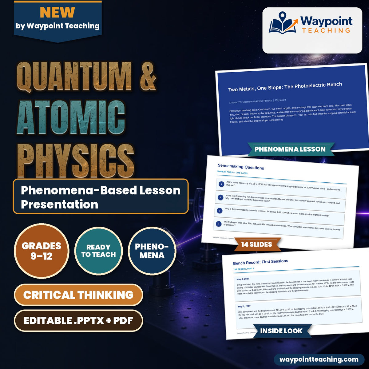 Quantum & Atomic Physics Phenomena-Based Lesson: Two Metals, One Slope: The Photoelectric Bench Presentation cover