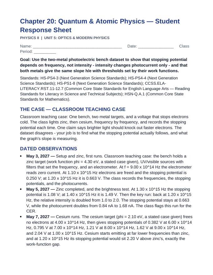 Quantum & Atomic Physics Phenomena-Based Lesson: Two Metals, One Slope: The Photoelectric Bench Student Response Sheet sample page