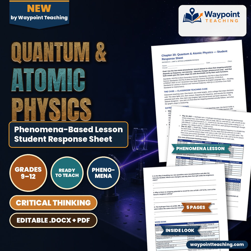 Quantum & Atomic Physics Phenomena-Based Lesson: Two Metals, One Slope: The Photoelectric Bench Student Response Sheet cover