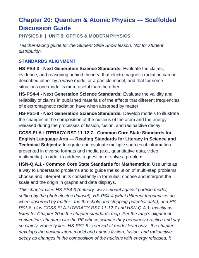 Quantum & Atomic Physics Scaffolded Phenomena-Based Lesson: Two Metals, One Slope: The Light Bench Teacher Discussion Guide sample page