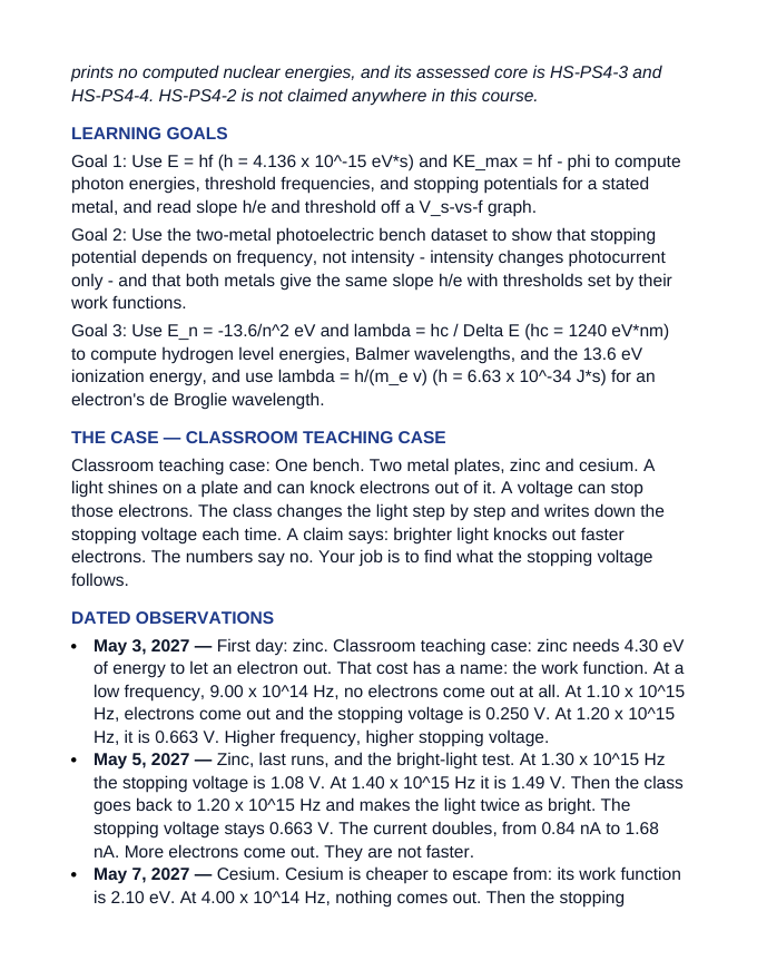 Quantum & Atomic Physics Scaffolded Phenomena-Based Lesson: Two Metals, One Slope: The Light Bench Teacher Discussion Guide sample page