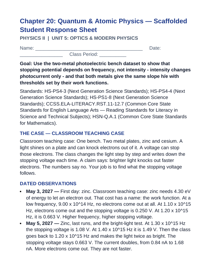 Quantum & Atomic Physics Scaffolded Phenomena-Based Lesson: Two Metals, One Slope: The Light Bench Student Response Sheet sample page