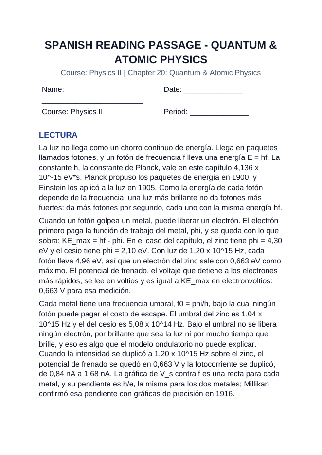 Quantum & Atomic Physics Spanish Reading Passage & Comprehension Questions sample page
