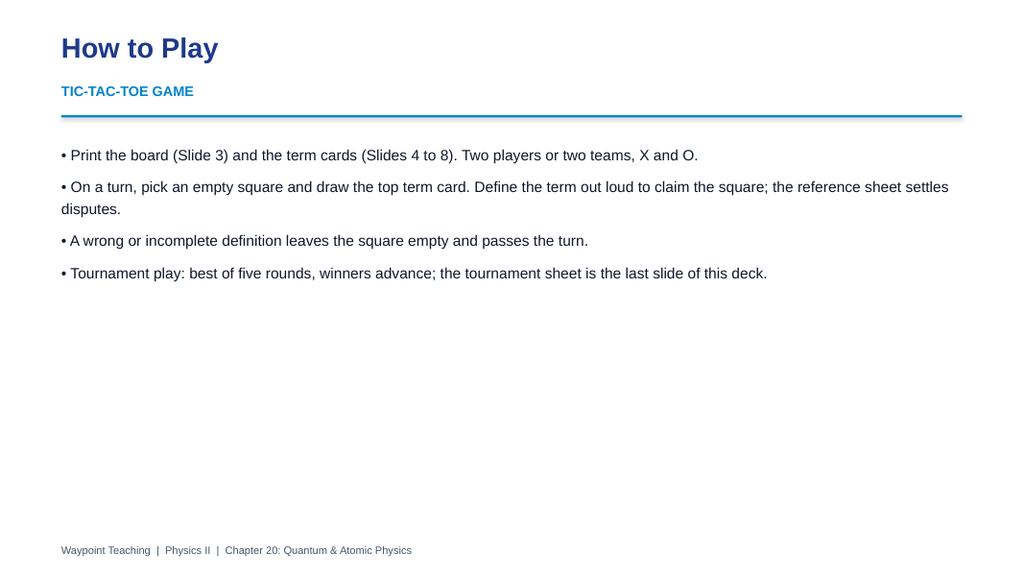 Quantum & Atomic Physics Tic-Tac-Toe Review Game sample page