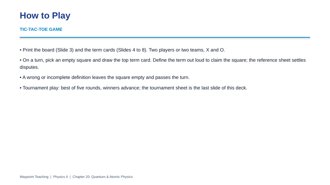 Quantum & Atomic Physics Tic-Tac-Toe Review Game sample page